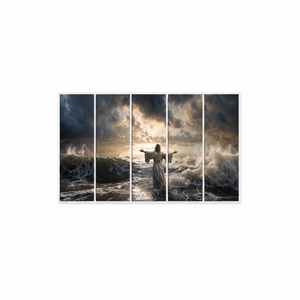 Tableau sur toile Art Déco Jésus marchant sur l'eau, Art mural spirituel, Tempête et lumière de l'océan, Ensemble de 5 tableaux à suspendre - Product Image 2