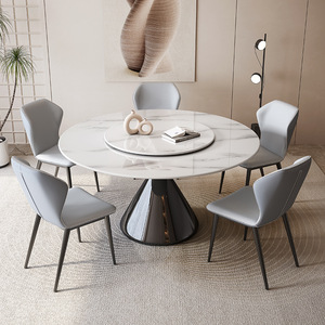 Table à manger moderne de style italien simple et luxueux en marbre, 4-6 places, design plateau en pierre, plateau tournant, base en métal, pour salle à manger. - Product Image 2