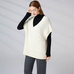 Gilet long en tricot torsadé sans manches à col en V en laine grande taille de qualité supérieure personnalisé - Product Image 4