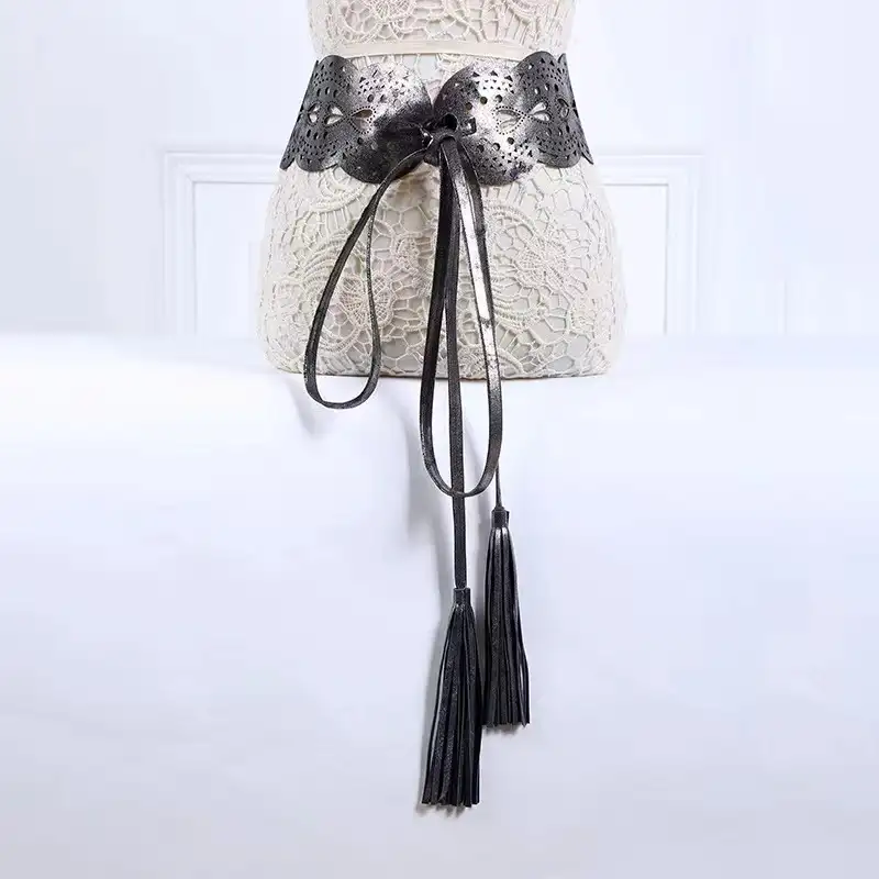 Cinturón Peplum para mujer, falda de cuero, cinturón con borla, cordón, moda, vestidos negros de PU