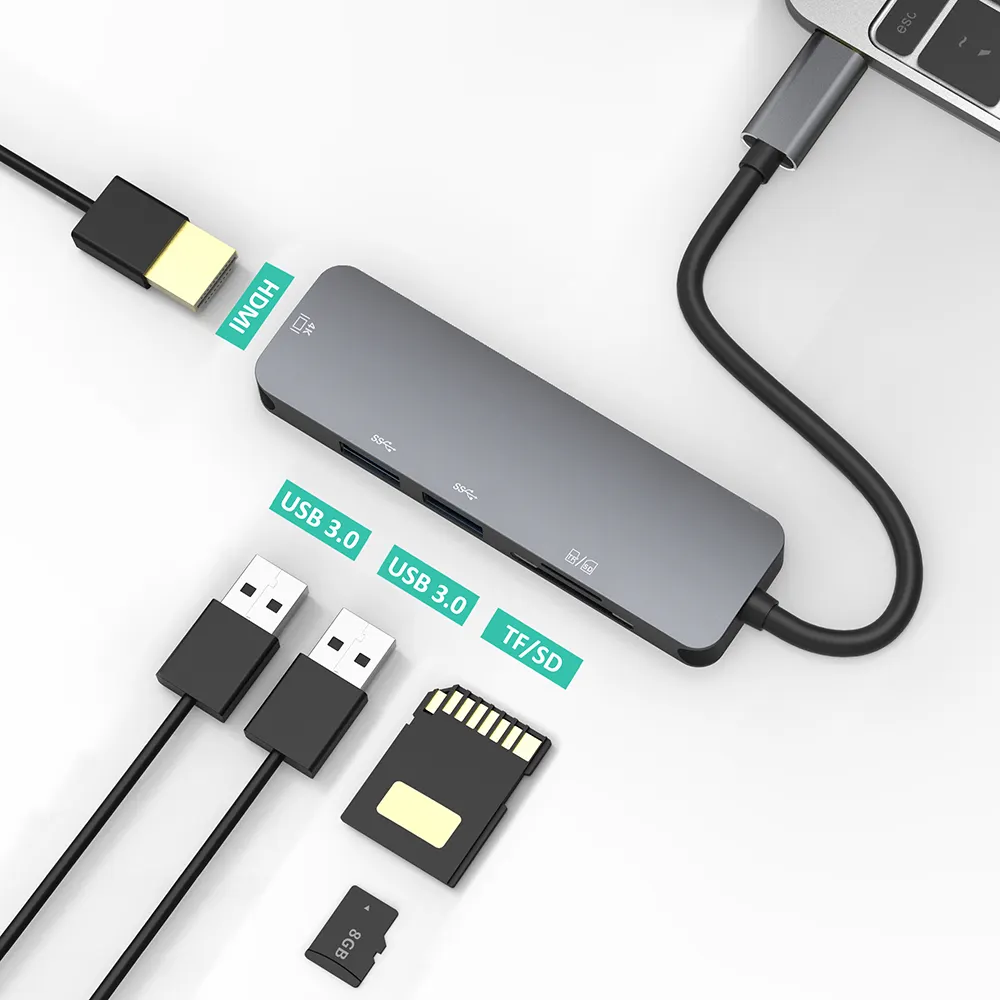 Concentrateur USB C pour ordinateur portable, 5-en-1, adaptateur Hub en aluminium pour tablette et téléphones