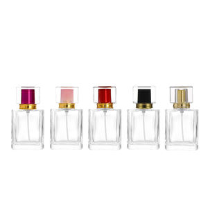 Luxury 50ml <b>Glass</b> Perfume Bottle with Flat Square Shape Thick Base and Acrylic Lid Screen Printing Crimp Pump - Product Image 1