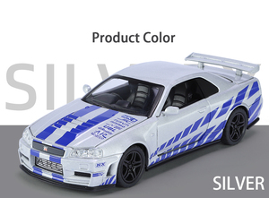 Voiture miniature Nissan <span class=keywords><strong>GTR</strong></span> <span class=keywords><strong>R34</strong></span> en alliage moulé sous pression, échelle 1:32, haute qualité, avec son et lumière, 4 portes ouvrables, batterie incluse, emballage en boîte, pour enfants - Product Image 2