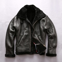 Fait sur mesure OEM en cuir surdimensionné en peau de mouton Moto hiver noir véritable manteau de fourrure hommes Bomber vestes