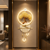 Décoration murale 3D LED Arbre Doré en Porcelaine Cristalline avec Anneau Lumineux Suspendu pour Entrée, Couloir, Salon, Intérieur d'Hôtel
