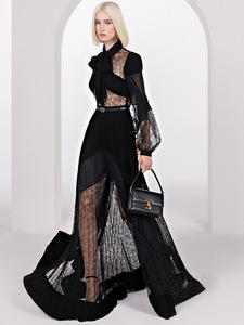 A10041 Migugarment Chất Lượng Cao Mới Nhất <span class=keywords><strong>2025</strong></span> Thiết Kế Thời Trang Của Phụ Nữ Ren Khâu Pleated Dài Maxi Đen Ăn Mặc Giản Dị Ăn Mặc - Product Image 2