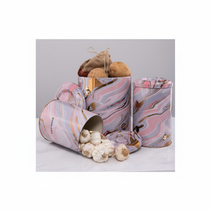 Triple Metal Bin Set for <b>Potato</b> Onion and Garlic (3 Pcs) Pink and Gold Marble Texture Liquid Pink Design - Product Image 2