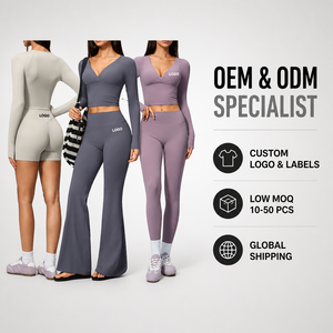 Women Premium <b>Long</b> <b>Sleeve</b> V Neck <b>Crop</b> Top and High Waist Flared Yoga Pants Set for Professional Fitness and Activewear Brands - Product Image 3