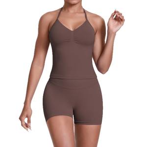 Grande taille sans couture tricoté Spandex/Nylon couleur unie dos nu gilet Shorts Yoga <span class=keywords><strong>tenue</strong></span> ensemble moulant course Fitness Sports - Product Image 5