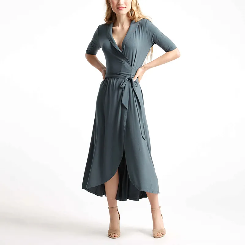 2023 V-neck Polyester Jersey Short Sleeves Midi Wrap Dress Elegant Pencil Woman's Gown Female Clothing Summer Casual Dresses