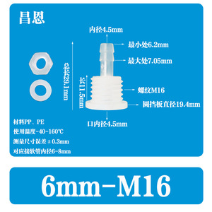 ข้อต่อพลาสติกแบบตรง 6-M16 พร้อมน็อตและแหวนรอง สำหรับเชื่อมต่อท่อแบบเกลียว - Product Image 2