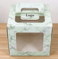 Boîte à gâteau personnalisée de nouvelle conception, biodégradable, de qualité alimentaire, en papier marbré vert clair avec poignée et fenêtre transparente