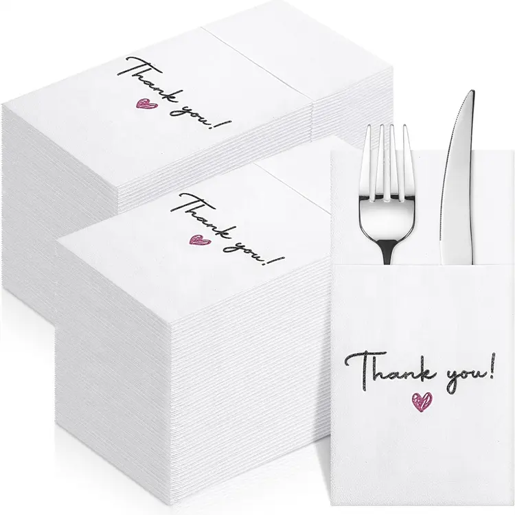 مناديل عشاء بيضاء مرنة مناديل ورقية عادي تُستخدم لمرة واحدة مع جيب مسطح مناديل مائدة لحفلات الزفاف