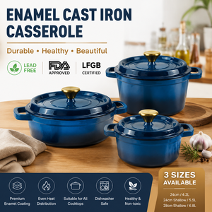Cacerola de Hierro Fundido Esmaltado Azul RAYLON con Tapa, Apta para Inducción, 4.2L 5.5L 6.8L, Olla Holandesa para Venta al por Mayor - Product Image 1