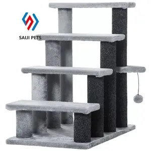 4 Levels Steps Pet Stairs Carpeted Ladder Cat Tree Climber Scratching Posts Cat Climbing Frame With Hanging Play Ball