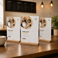 Support de signalisation en acrylique sur pied personnalisé en gros avec base en bois, cadre photo de bureau, présentoir de menu de table