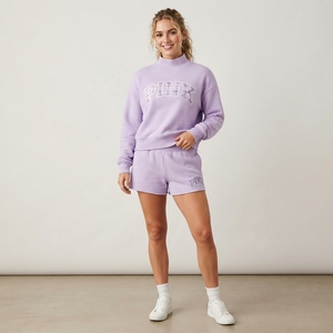 Conjunto de sudadera y pantalones cortos de punto a cuadros para mujer, conjunto informal de ropa de descanso con cuello simulado. - Product Image 1