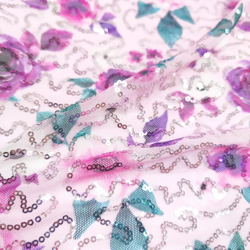 Fabricante chinês de tecido de lantejoulas para vestido de festa com lantejoulas em malha de holograma elástico estampado personalizado