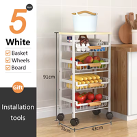 Chariot utilitaire à 5 niveaux avec plateau en bois, panier en fil métallique extractible, étagère de rangement pour fruits et légumes sur roulettes