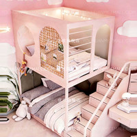 Lit superposé rose clair pour deux filles, style princesse, double étage avec rangement, escalier, armoire, cabane, lit mezzanine pour enfants, chambre individuelle