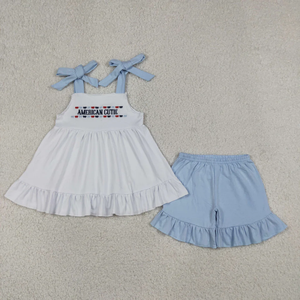 4th of July Kids Girls 2-Piece Set White Sleeveless Top Blue Ruffle Shorts American Cutie Embroidery Cotton Summer Outfit - Product Image 1