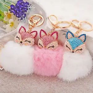 Fashion Cute Keyring Rhinestone Pearl Fox Head Keychain Imitation Rex Rabbit Fur Pom Pom Key chain Lady Bag Accessories