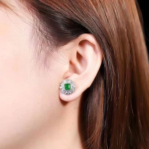 Rectangular Cut Natural <b>Emerald</b> <b>Stud</b> Earrings 18K Solid Gold Double Layer Floral Diamond Halo Fine Women Gemstone Jewelry - Product Image 4