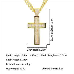 Collier pour homme en alliage plaqué or, avec pendentif croix en strass, chaîne maille cubaine, style hip-hop urbain, tendance et personnalisé, vente en gros - Product Image 4