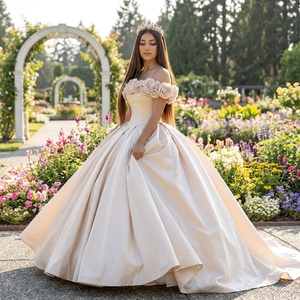 Spjy016 Luxury Ivory Wedding Dress Shoulder 3D Rose Satin Princess Ball Gown Pleated <b>Skirt</b> Floor-Length Bridal for - Product Image 1