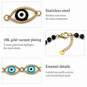 Collar con Cuentas con Motivo de Ojo, Acero Inoxidable, Esmalte, Baño de Oro de 18K, Cuentas Negras, Cadena Ajustable de 45 cm - Product Image 2