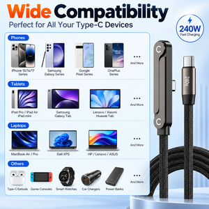 สายชาร์จเร็ว USB C to USB C 240W พร้อมขาตั้งโทรศัพท์แบบพับได้ สายถักแบบ T-Shaped สำหรับ iPhone Samsung, iPad และแท็บเล็ต - Product Image 3