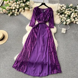 Wholesale 2024 Spring/Summer New Style Temperament V-neck Slim Fit Waist Show Slim and Long Style Sequin Women's Dresses