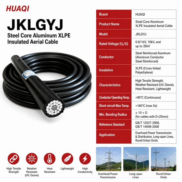 HUAQI JKLGYJ 0.6/1kV 10kV 35kV Steel Core Aluminum XLPE Insulated Aerial Overhead Power Cable for Transmission Line