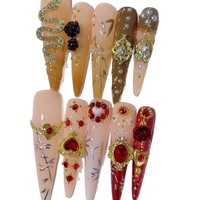 Tacana 10 pièces Faux ongles à presser faits main, longs, motif cœur, serpent doré, cristal, French, estampage 3D doré, couverture complète