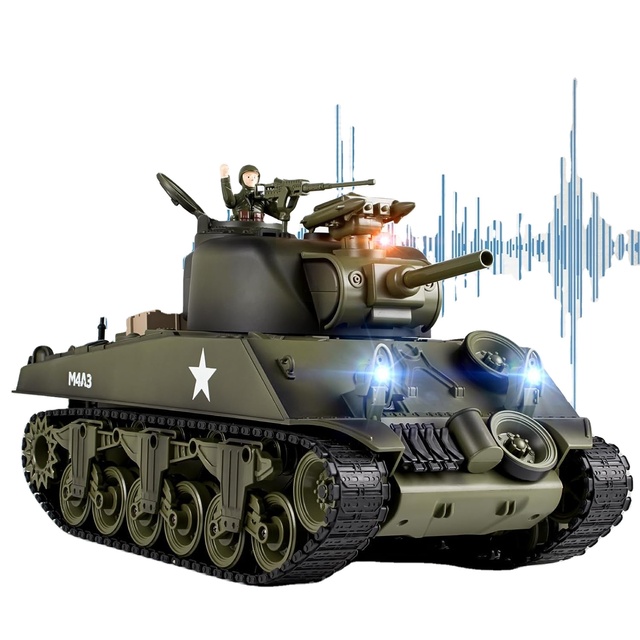 1/18 Remote Control Tank 2.4G RC US M4A3 Sherman Military Tank Model with Rotating Turret Light & Sound Spray Tank Toy