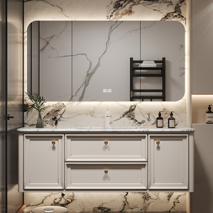 French-style luxury stone slab seamless ceramic basin smart <b>mirror</b> natural marble bathroom cabinet - Product Image 1