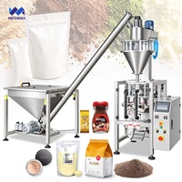 Machine de remplissage et d'emballage pour lait en poudre écrémé, citron et curry, avec remplisseuse à vis sans fin pour sachets de 1 kg et remplissage de poudre en bouteilles de 500 ml
