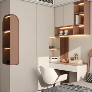 Customizable Minimalist Modern Wood <b>Bedroom</b> Set with Wardrobe and <b>Desk</b> Featuring Storage <b>for</b> Apartment - Product Image 2
