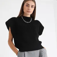 2021 फैशन महिलाओं बिना आस्तीन का बंद गले स्वेटर पैड बुना हुआ स्वेटर शरद ऋतु सर्दियों महिलाओं फ्लैट बुना हुआ जम्पर आरामदायक के लिए सबसे ऊपर है