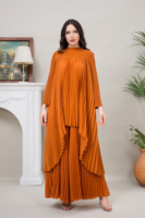 Ensemble Plissé Élégant Femme Grande Taille, Haut et Pantalon Style Miyake, Tenue Orange Simple de Haute Qualité pour Église