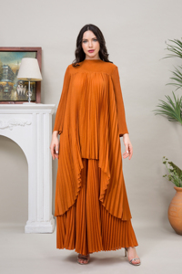 Bộ trang phục nữ dáng xếp ly, kín đáo, <span class=keywords><strong>size</strong></span> lớn, kiểu Miyake, gồm áo và quần, chất liệu cao cấp, màu cam, thích hợp đi nhà thờ - Product Image 2