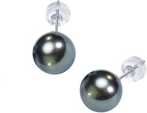 Muses Jewels Boucles d'oreilles simples et élégantes en or blanc 18 carats avec perle naturelle noire de <span class=keywords><strong>Tahiti</strong></span>, cadeaux pour la Saint-Valentin et la fête des mères - Product Image 1