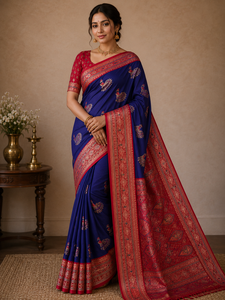 Royal Blue Silk Saree With <b>Red</b> Border And Peacock Embroidery Design Saree with <b>Blouse</b> Material For Wedding And Festival Wear - Product Image 1