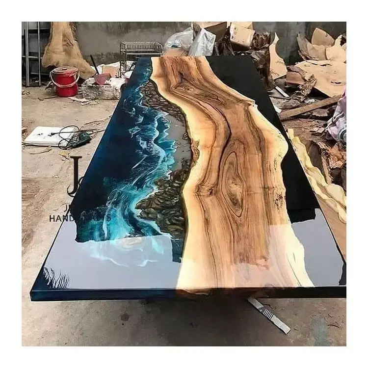 Großhandel Live Edge Epoxy Tisch Massive Walnuss flache Tischplatte Esstisch und Stuhl Set