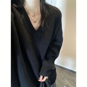 Collection automne-hiver nouvelle coréenne femmes interne à manches longues pull tricoté col en v haut pull en tricot ample solide - Product Image 4