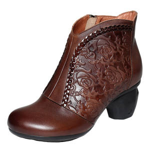 Bottes Chukka à lacets en cuir véritable de style ethnique rétro toutes saisons, chaussures de sport confortables à talon bloc - Product Image 5