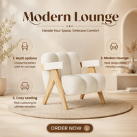 Fauteuil lounge moderne en tissu crème avec structure en bois massif et accoudoirs rembourrés pour hall d'hôtel, salon et réception
