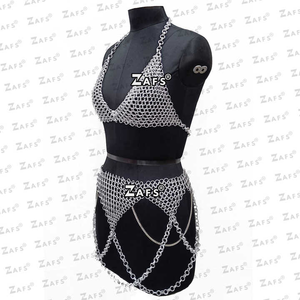 Fait à la main Sexy Viking Halloween fête armure Antique en aluminium cotte de mailles Bikini licou soutien-gorge jupe forme sculpté gravure métal - Product Image 1