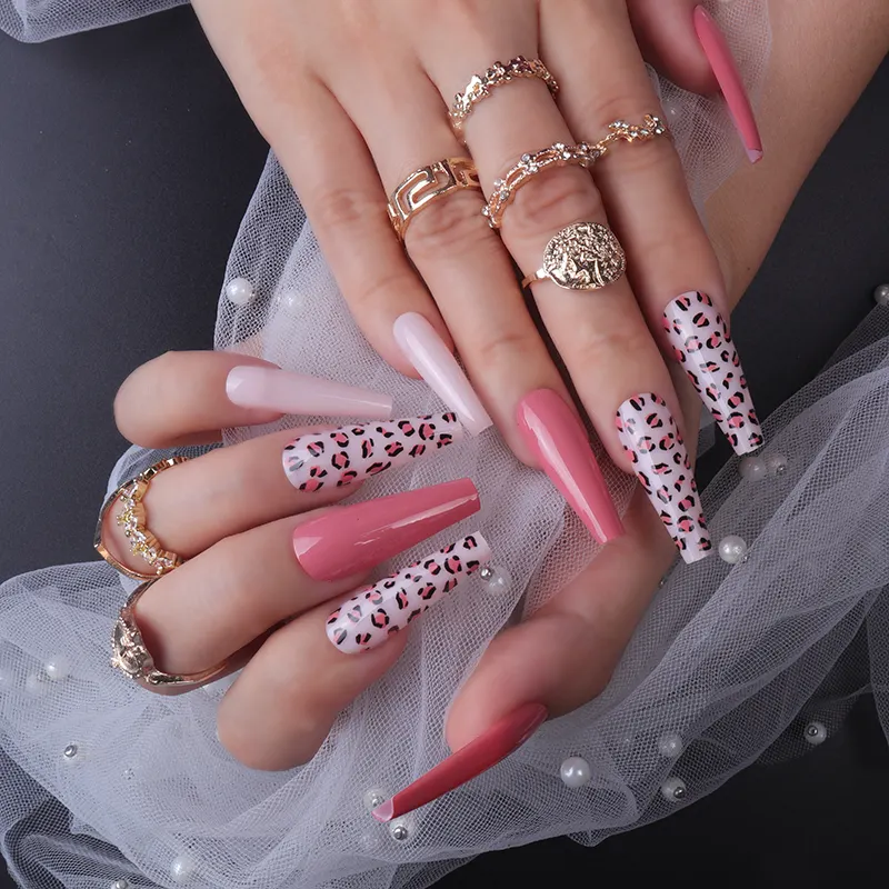 Coloré léopard longue ballerine ongles artificiels usine presse sur les ongles