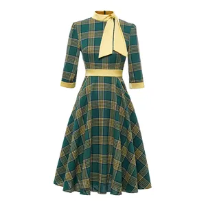 Fashionable Retro Blue Green Yellow Classic Plaid Knee-length Women's Dress High Neck Scarf Three-quarter Sleeve Women's Dress